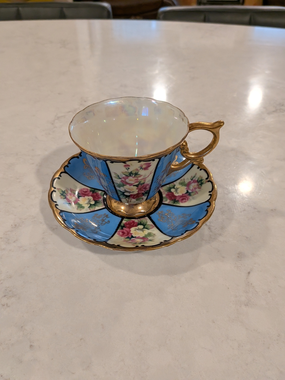 Very Royal Sealy Blue & Gold Floral Panel Lusterwar Set Of 2 From 1950s
